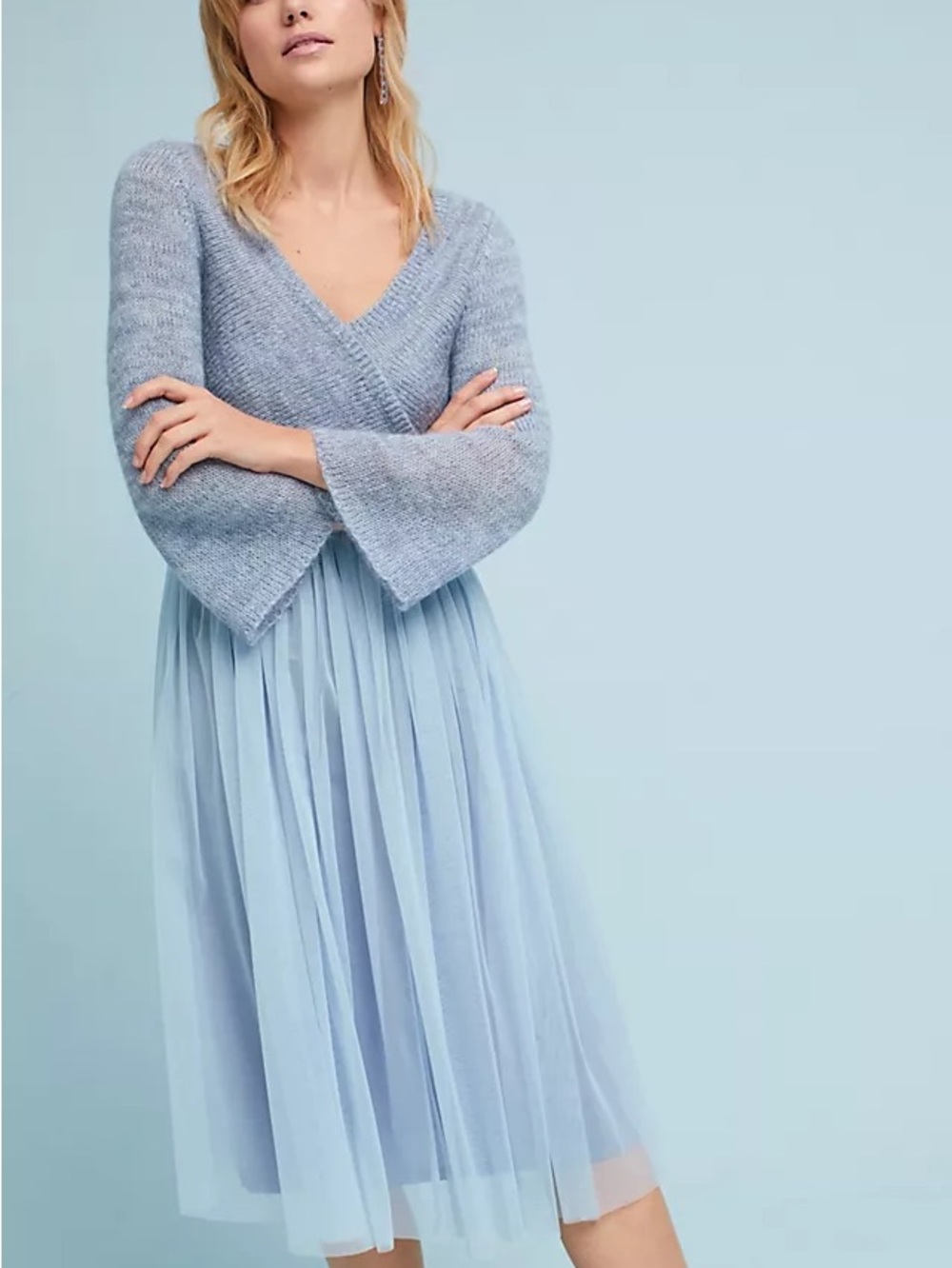 Maeve Light Blue V-Neck Knit & Tulle Midi Dress